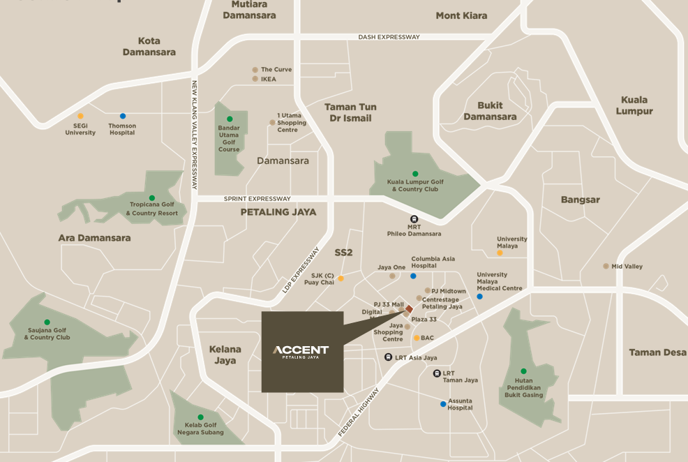 Accent PJ location map showing Petaling Jaya, nearby highways, rail stations, retail, healthcare and surrounding neighbourhoods