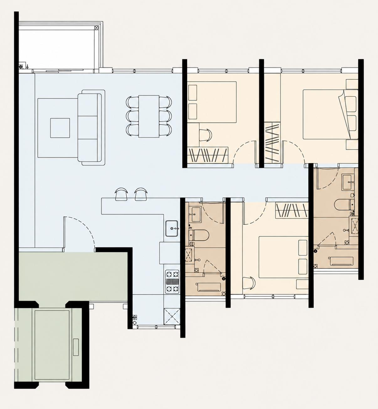 Accent PJ Type C1 1,165 sq.ft. floor plan with 3 bedrooms and 2 bathrooms