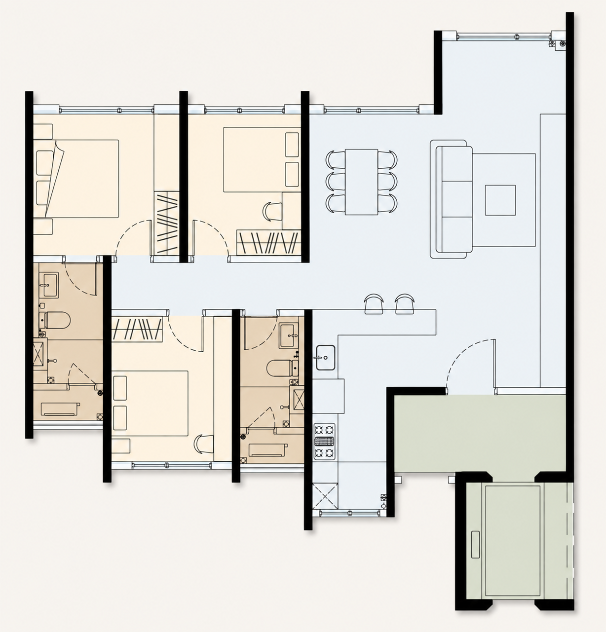 Accent PJ Type C2 1,165 sq.ft. floor plan with 3 bedrooms and 2 bathrooms
