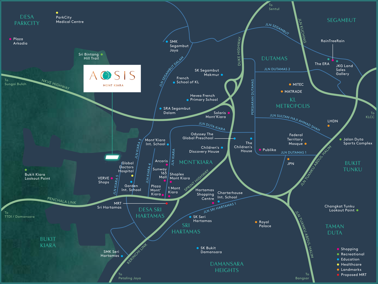 AOSIS Mont Kiara location map showing Jalan Kiara 5, Mont Kiara, nearby schools, retail, healthcare and highway connections
