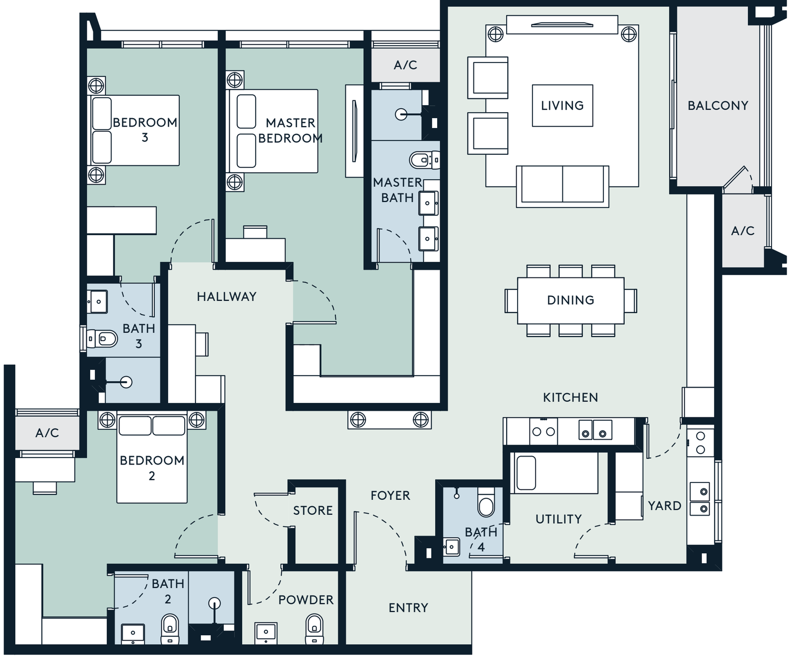 AOSIS Mont Kiara Type C 2,037 sq ft floor plan with 3 plus 1 bedrooms and 4 bathrooms