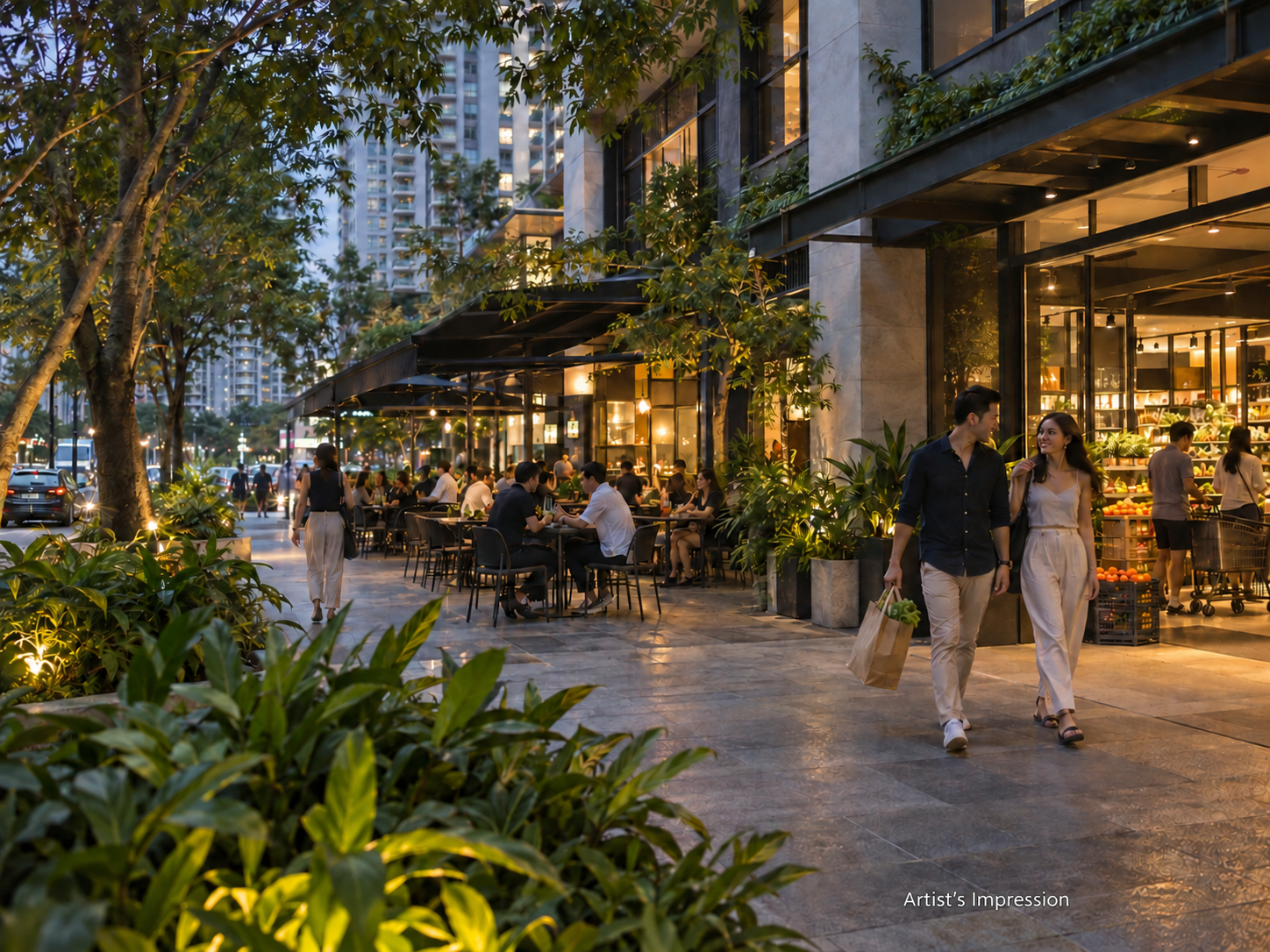 Artist’s impression of landscaped cafés, dining and everyday retail in Mont Kiara