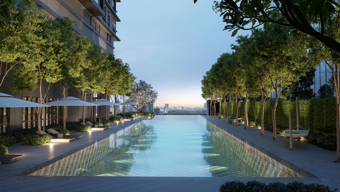 Artist's impression of the Khaya Residences 50-metre infinity lap pool and landscaped facilities