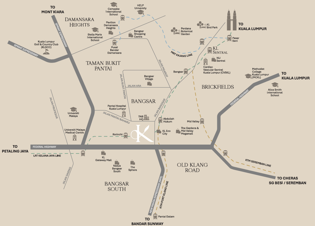 Khaya Residences location and access map showing Bangsar, Abdullah Hukum, KL Sentral, Mid Valley and surrounding routes