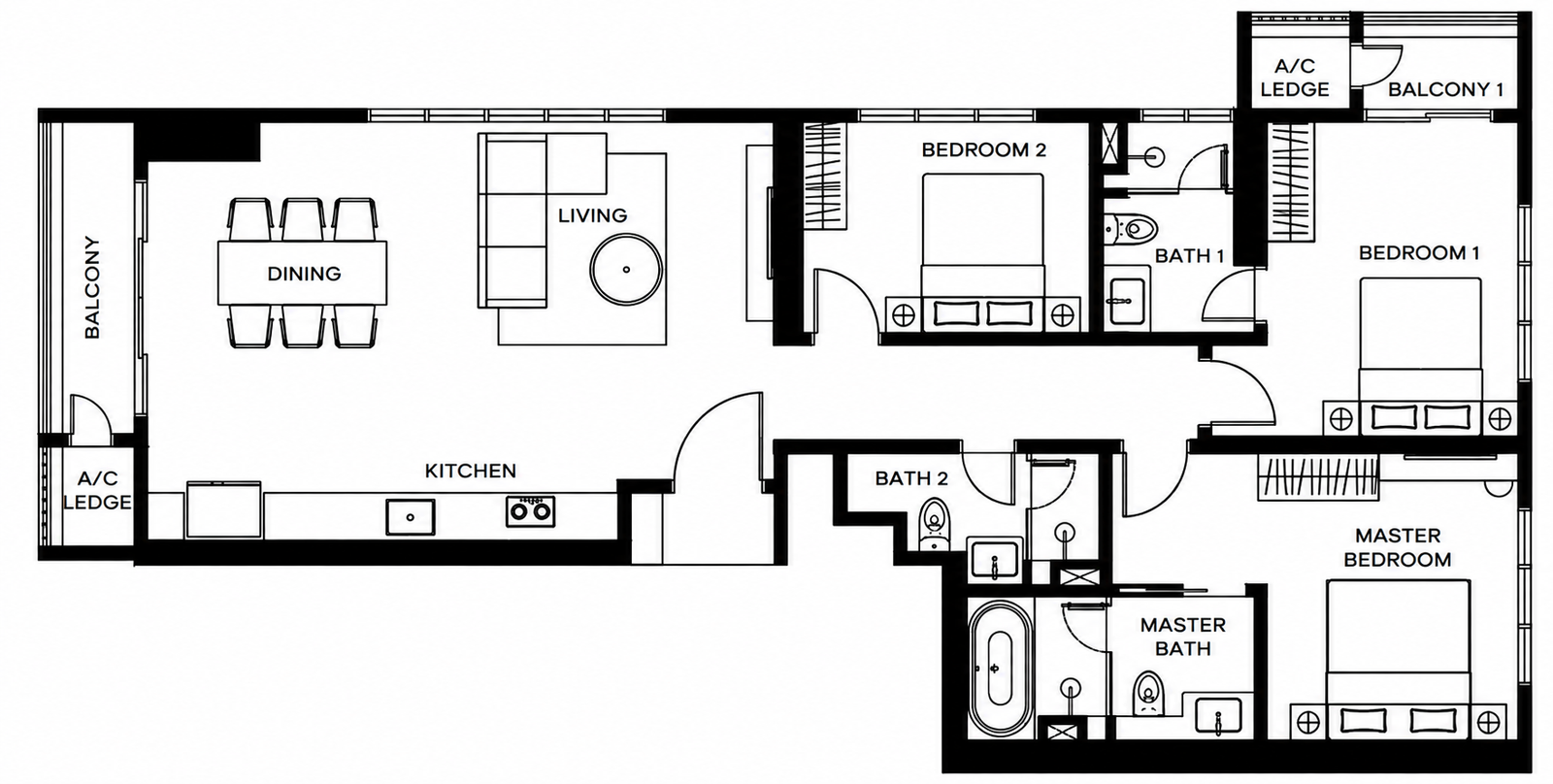 Khaya Residences Type L 3 bedroom long floor plan