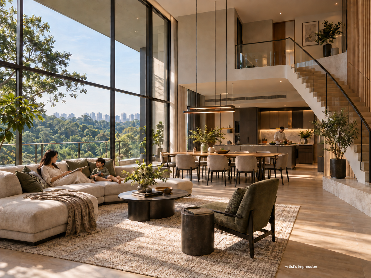 Majestic Kiara Reserve multi-level Sky Villa living and dining space artist impression