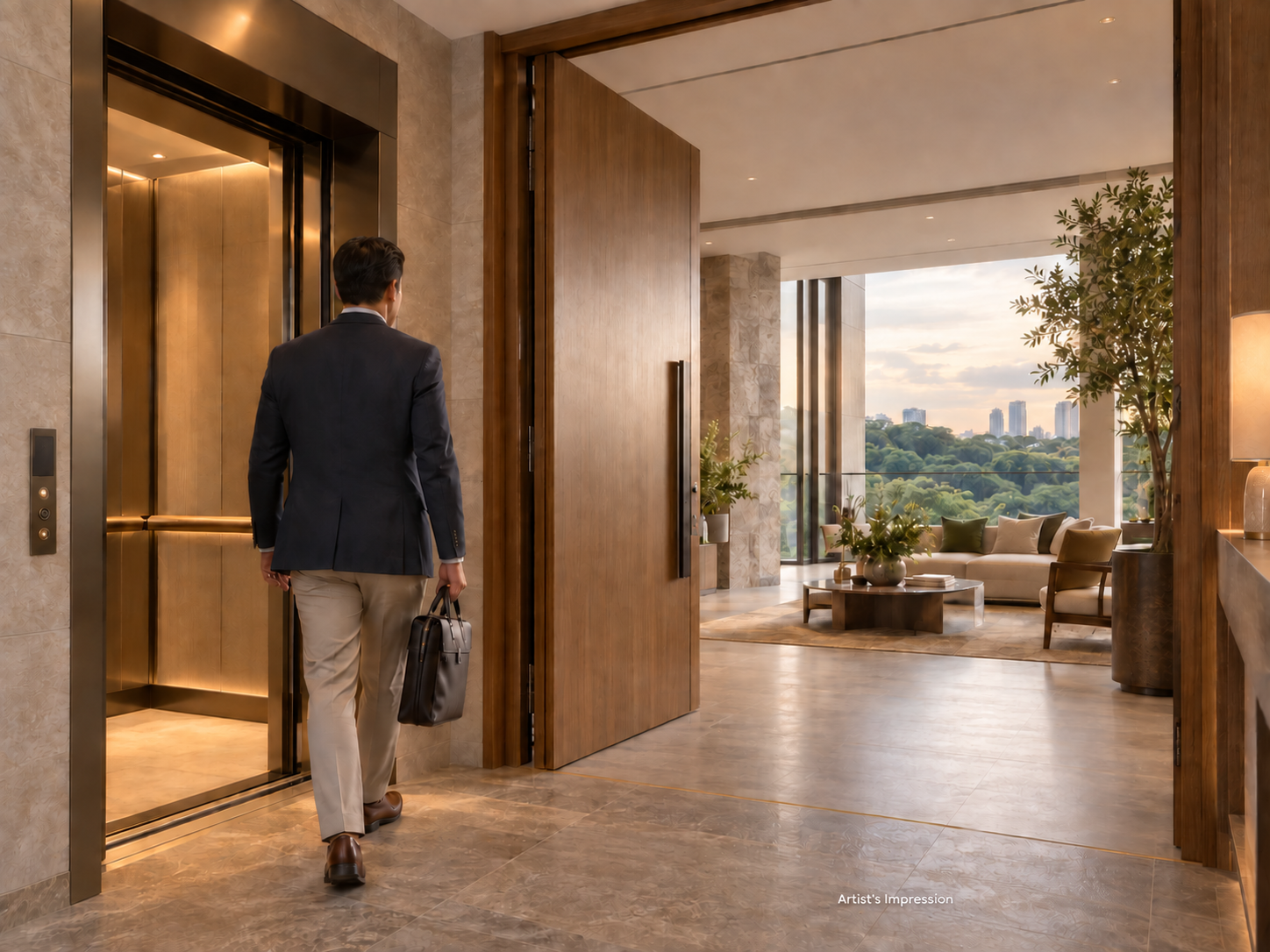 Majestic Kiara Reserve private lift arrival into a Sky Villa artist impression