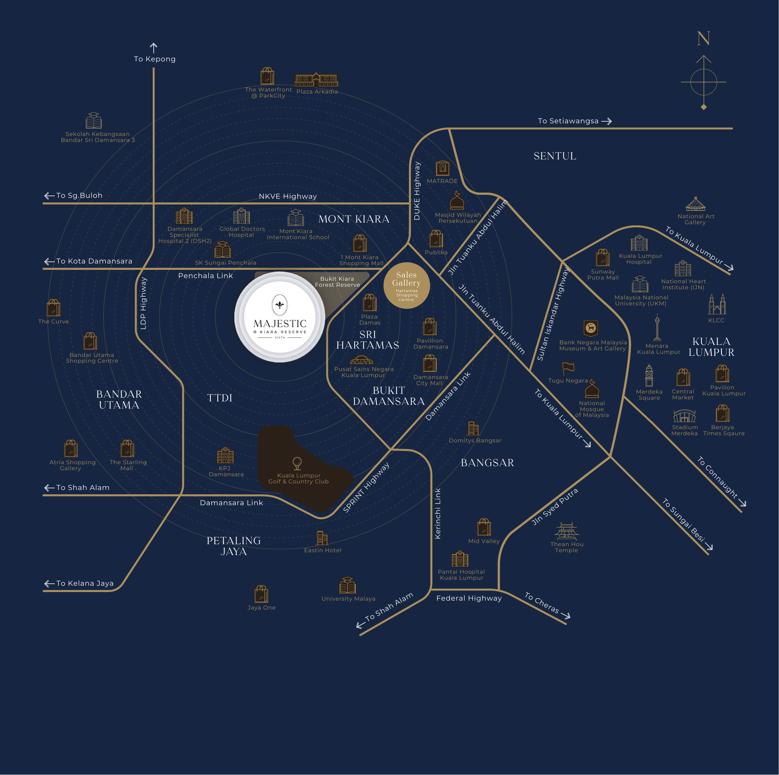 Majestic Kiara Reserve location map showing Desa Sri Hartamas, Mont Kiara, Bukit Kiara Forest Reserve and connections across Kuala Lumpur