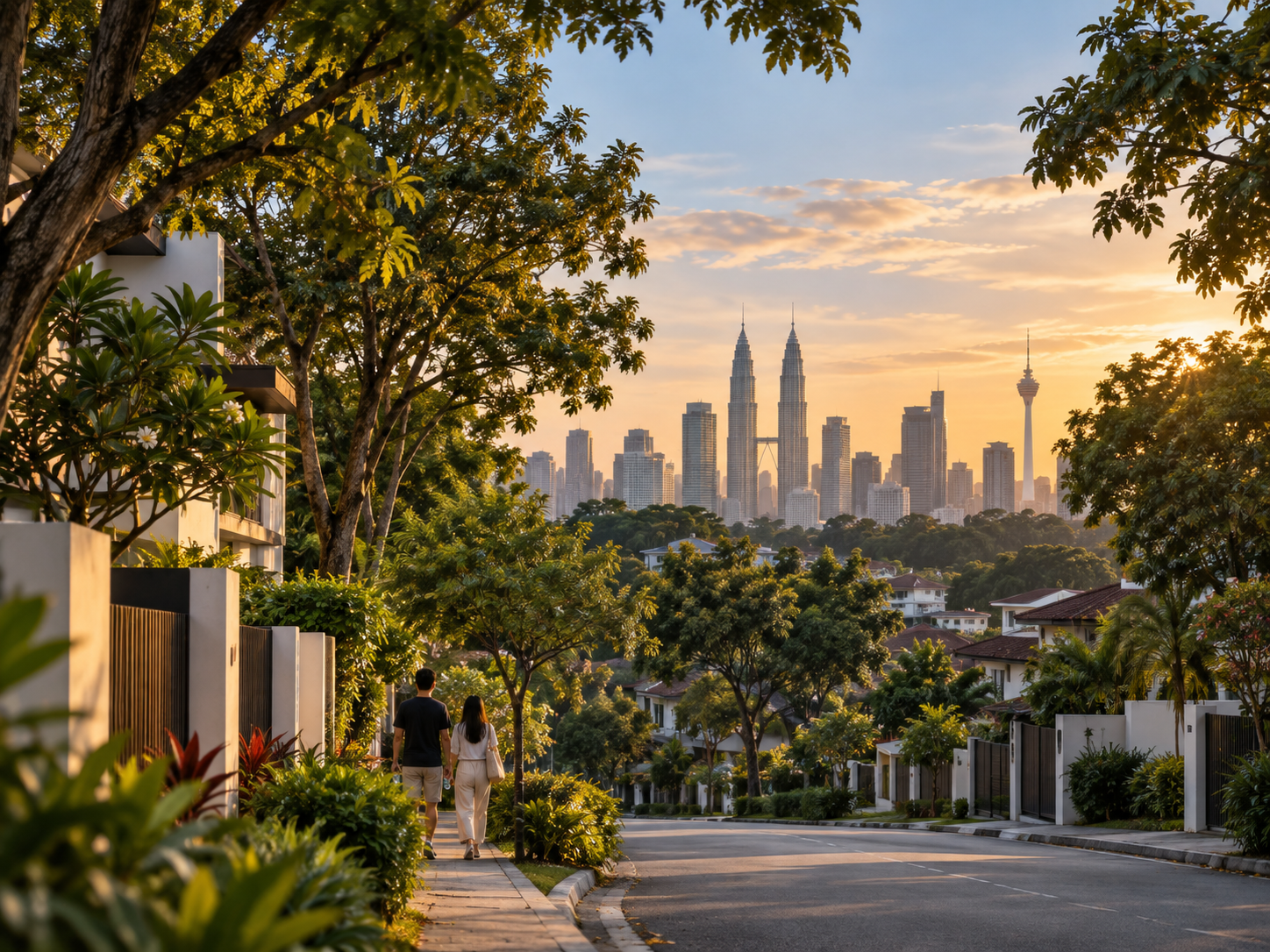 Tree-lined Taman Desa neighbourhood with the Kuala Lumpur skyline beyond