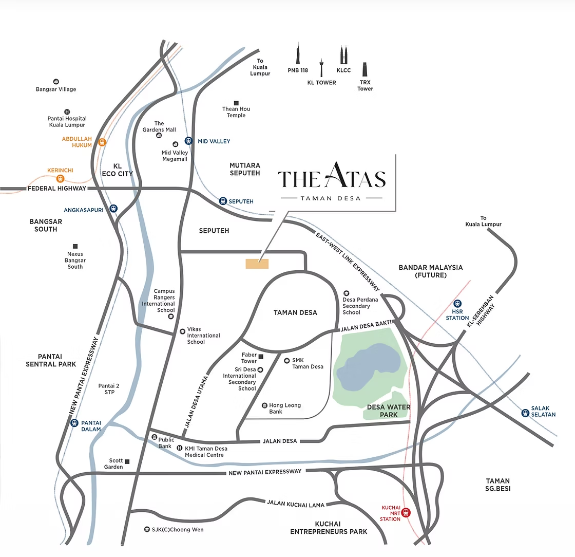 THE ATAS Taman Desa location and access map showing nearby amenities, rail stations and Kuala Lumpur destinations